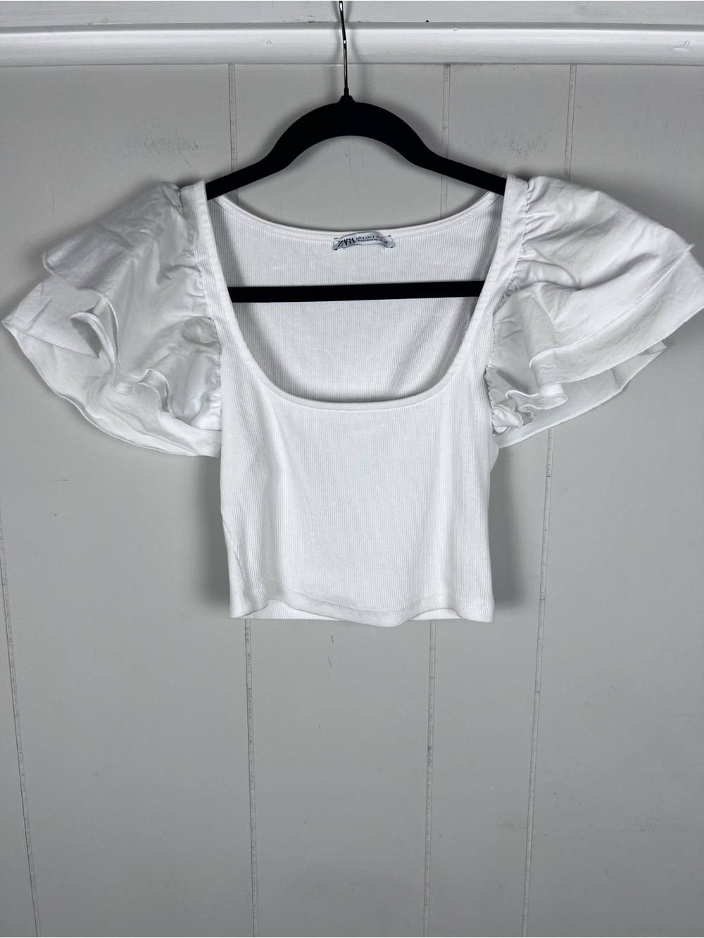 Zara White Puff Sleeve Square‎ Neck Crop Top Cottagecore Coquette Stretchy Small